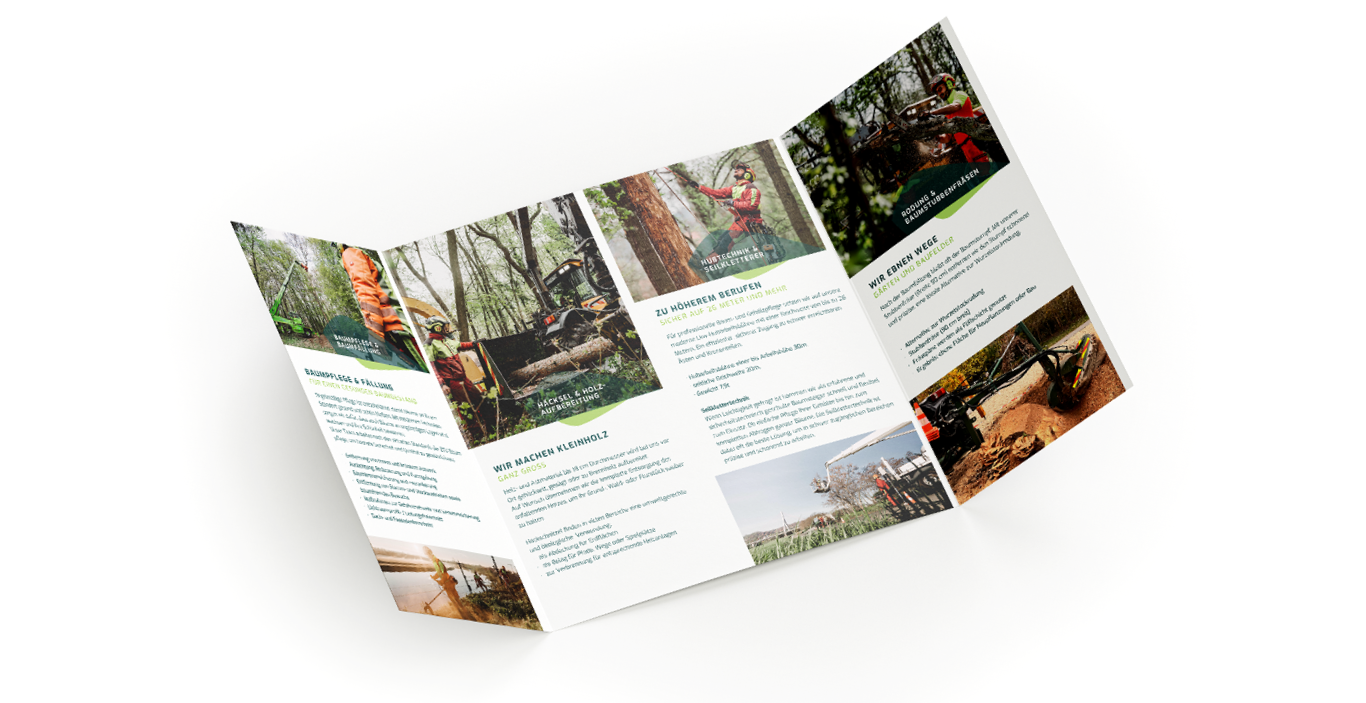 Baumdienst Schaller7 Eine aufgeschlagene dreifaltige Broschüre mit Bildern von Arbeitern in orangefarbener Schutzkleidung, die Forstmaschinen in bewaldeten Gebieten bedienen, und Textabschnitten, die forstwirtschaftliche Dienstleistungen und Tätigkeiten beschreiben. Die Broschüre hat ein klares, grünes Design.