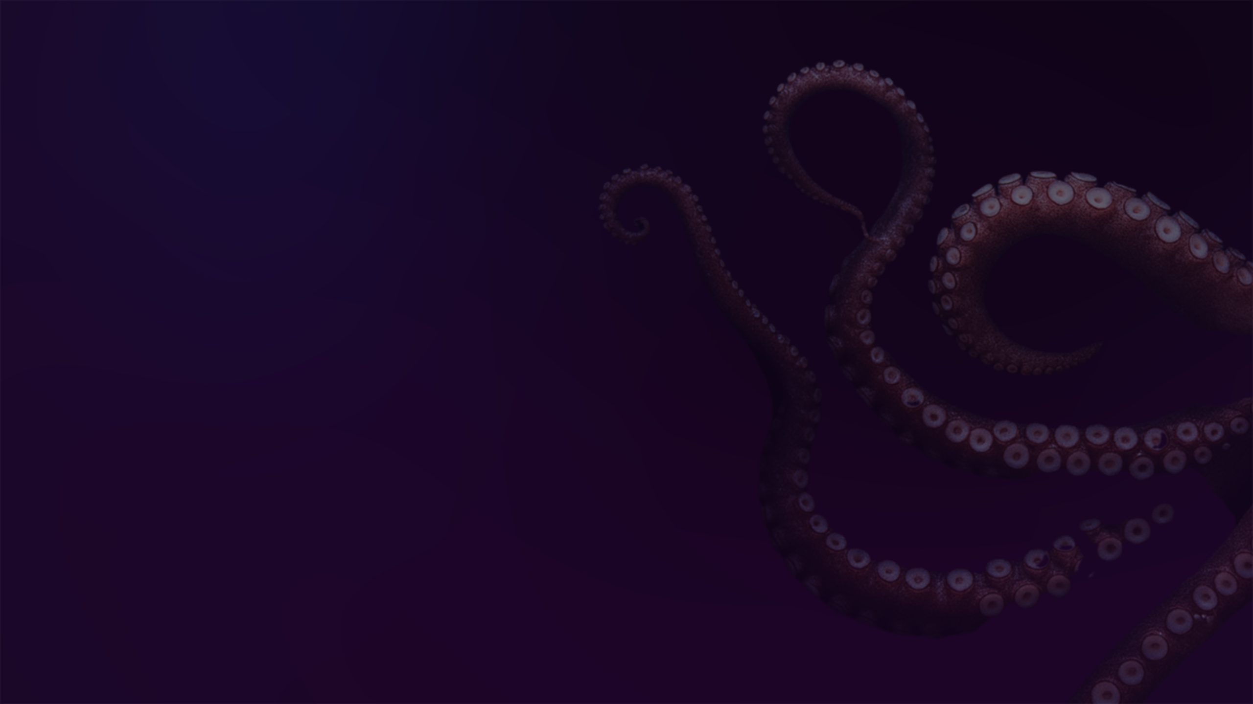 Dunkelvioletter Hintergrund mit mehreren gewundenen Oktopus-Tentakeln, die aus der rechten Seite herausragen, kreisförmige Saugnäpfe zeigen und eine geheimnisvolle Unterwasseratmosphäre schaffen. Die linke Seite verschwindet in der Dunkelheit.