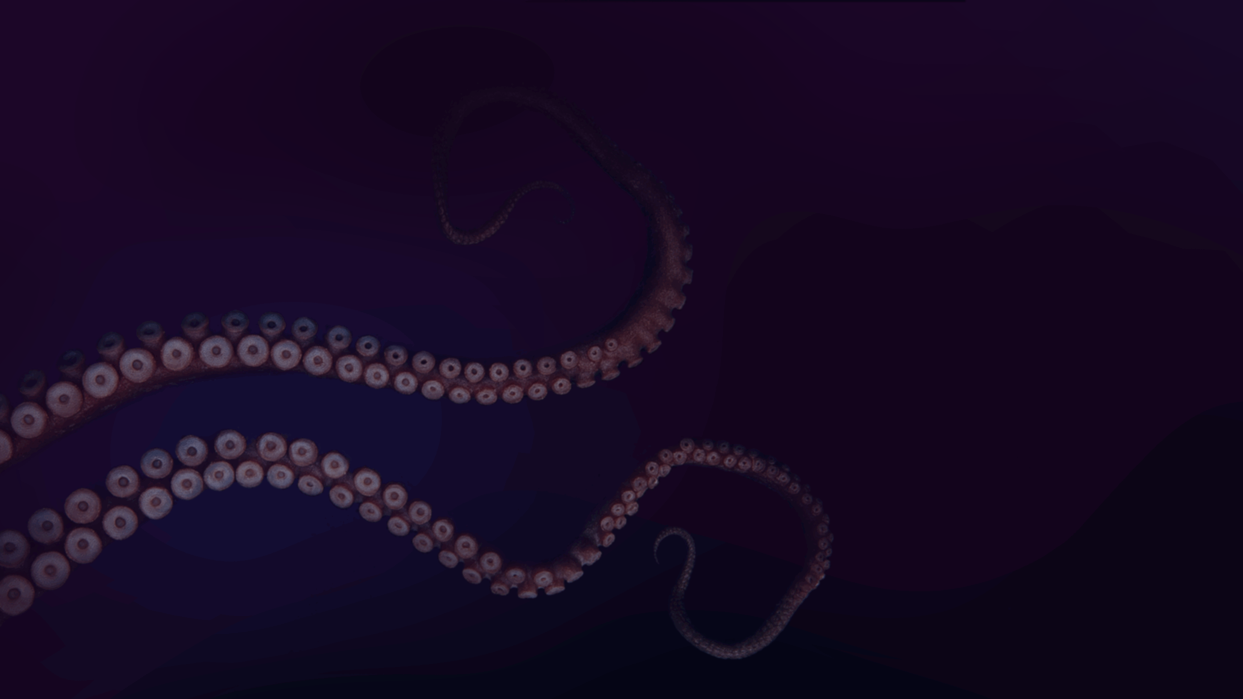 Eine dunkle Unterwasserszene mit drei großen Kraken-Tentakeln mit sichtbaren Saugnäpfen, die sich in den tiefen, schattigen Hintergrund winden und ausstrecken.