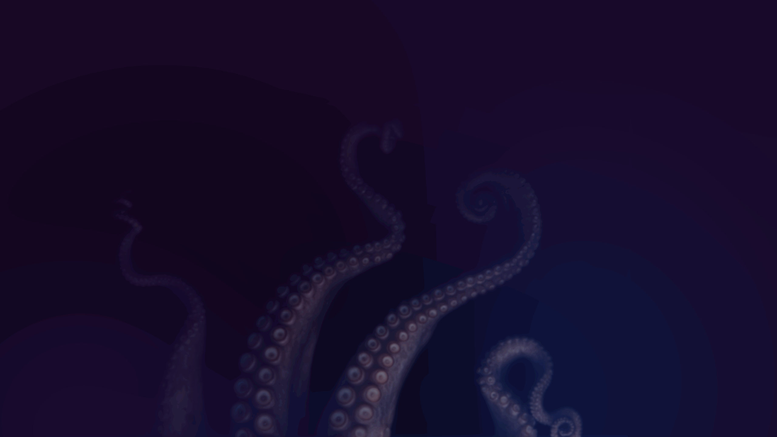 Dunkle Unterwasserszene mit mehreren großen, sich kräuselnden Kraken-Tentakeln, die sich nach oben strecken, teilweise verdeckt durch Schatten und einen tiefblau-violetten Hintergrund mit Farbverlauf.