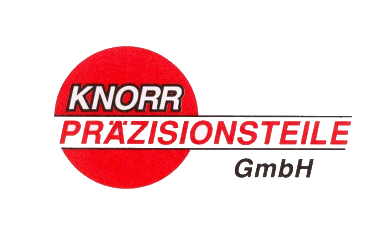 Logo mit einem großen roten Kreis und dem Schriftzug "KNORR PRÄZISIONSTEILE" in fetten Großbuchstaben und "GmbH" darunter in kleinerer schwarzer Schrift auf weißem Hintergrund.