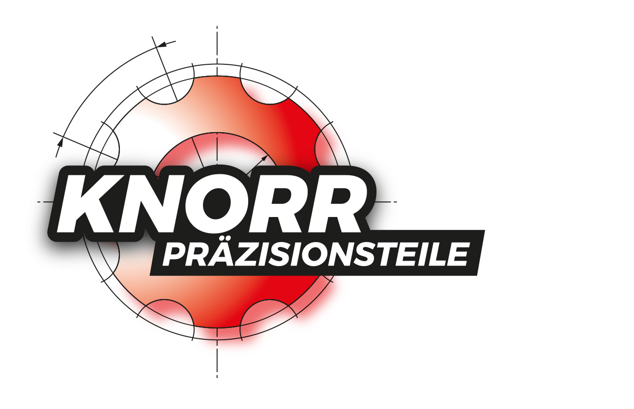 Logo mit rotem mechanischem Zahnrad und technischen Zeichnungslinien, mit dem fetten Text KNORR PRÄZISIONSTEILE in Weiß und Schwarz in der Mitte.