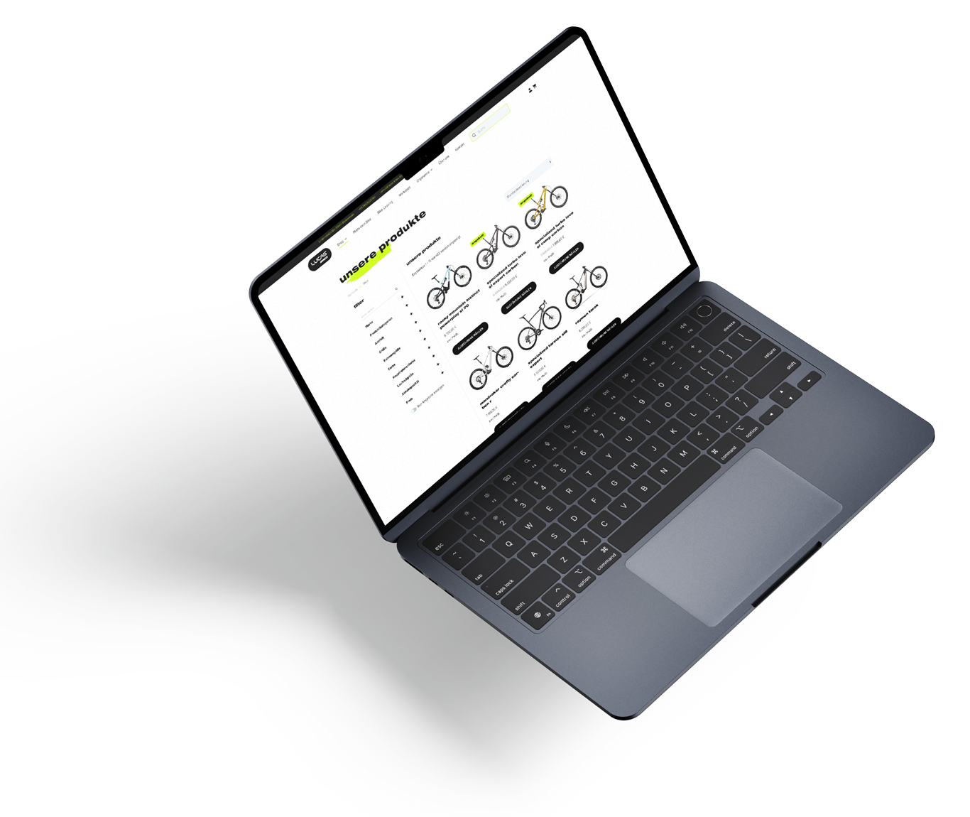 Ein Laptop, der eine Online-Shop-Seite mit Angeboten und Bildern von Elektrofahrrädern auf weißem Hintergrund anzeigt, ähnlich wie die Tanzschule Fischer ihre Tanzkurse online vorstellt.