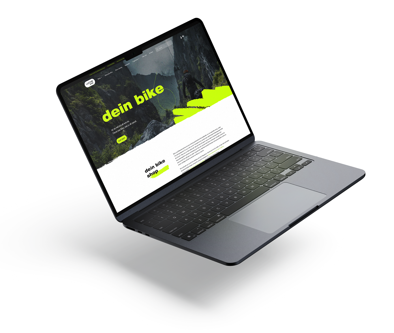 Ein schlanker, schwarzer Laptop, der vor einem weißen Hintergrund schwebt, zeigt eine Website mit einer Berglandschaft, einem fetten neongrünen Text mit der Aufschrift Dein Bike und subtilen Hinweisen auf die Tanzschule Fischer inmitten des weißen Raums und der Navigationsoptionen.