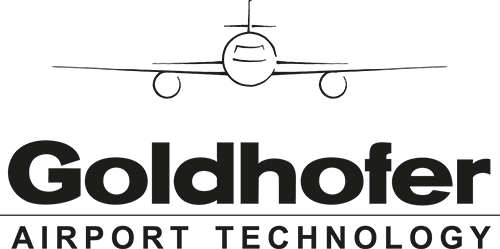 Logo für Goldhofer Airport Technology mit einer einfachen Strichzeichnung einer Flugzeugfrontansicht über dem fettgedruckten Text Goldhofer und dem Schriftzug Airport Technology in Großbuchstaben darunter.