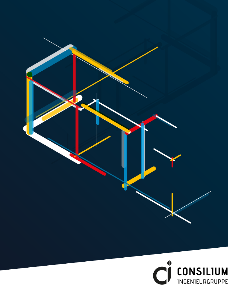 Abstraktes geometrisches Design mit sich kreuzenden bunten Linien und Formen, die eine 3D-Struktur auf einem dunkelblauen Hintergrund bilden. Vollblut Herbrig Präzisionsdrehteile, CONSILIUM INGENIEURGRUPPE und ihr Logo erscheinen in der unteren rechten Ecke.