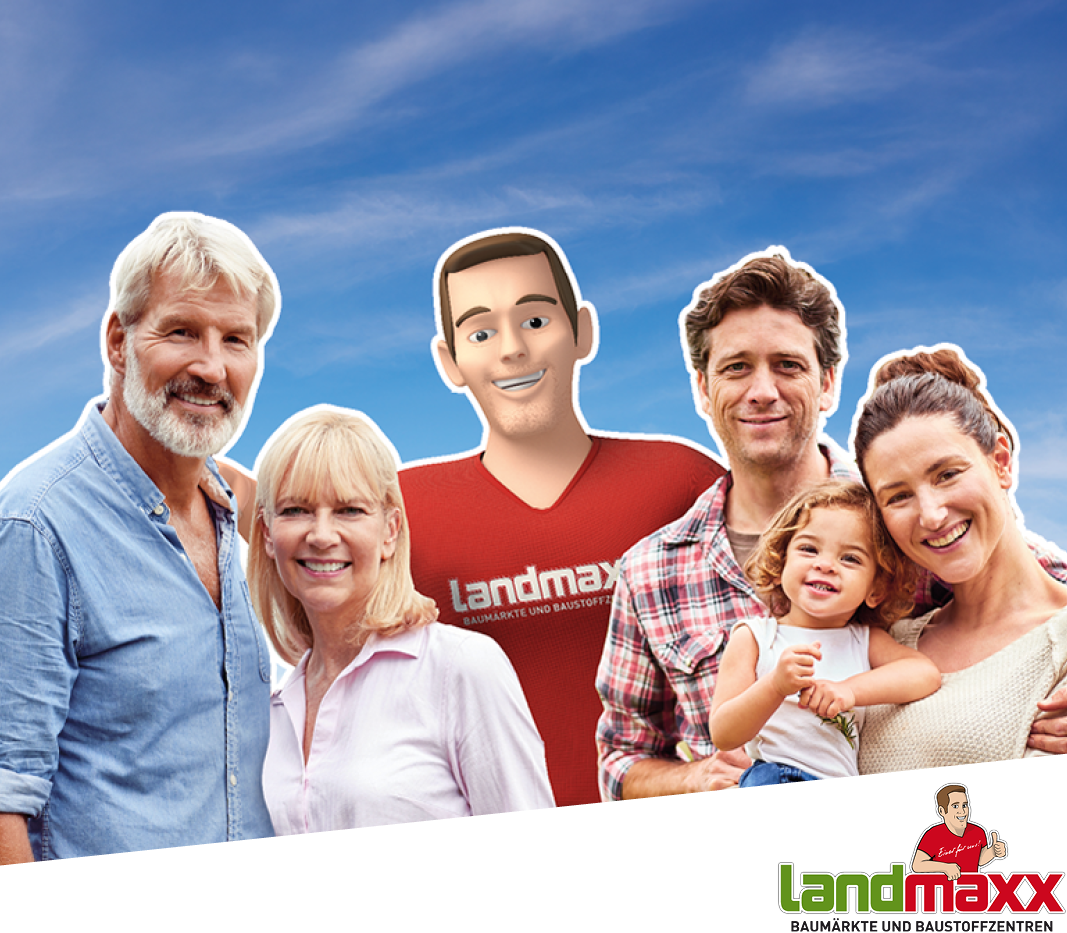 Eine Gruppe lächelnder Menschen, darunter ein Kind, posiert im Freien unter blauem Himmel mit einer Zeichentrickfigur in einem roten Vollblut Landmaxx-Shirt. Das Landmaxx-Logo erscheint unten rechts.