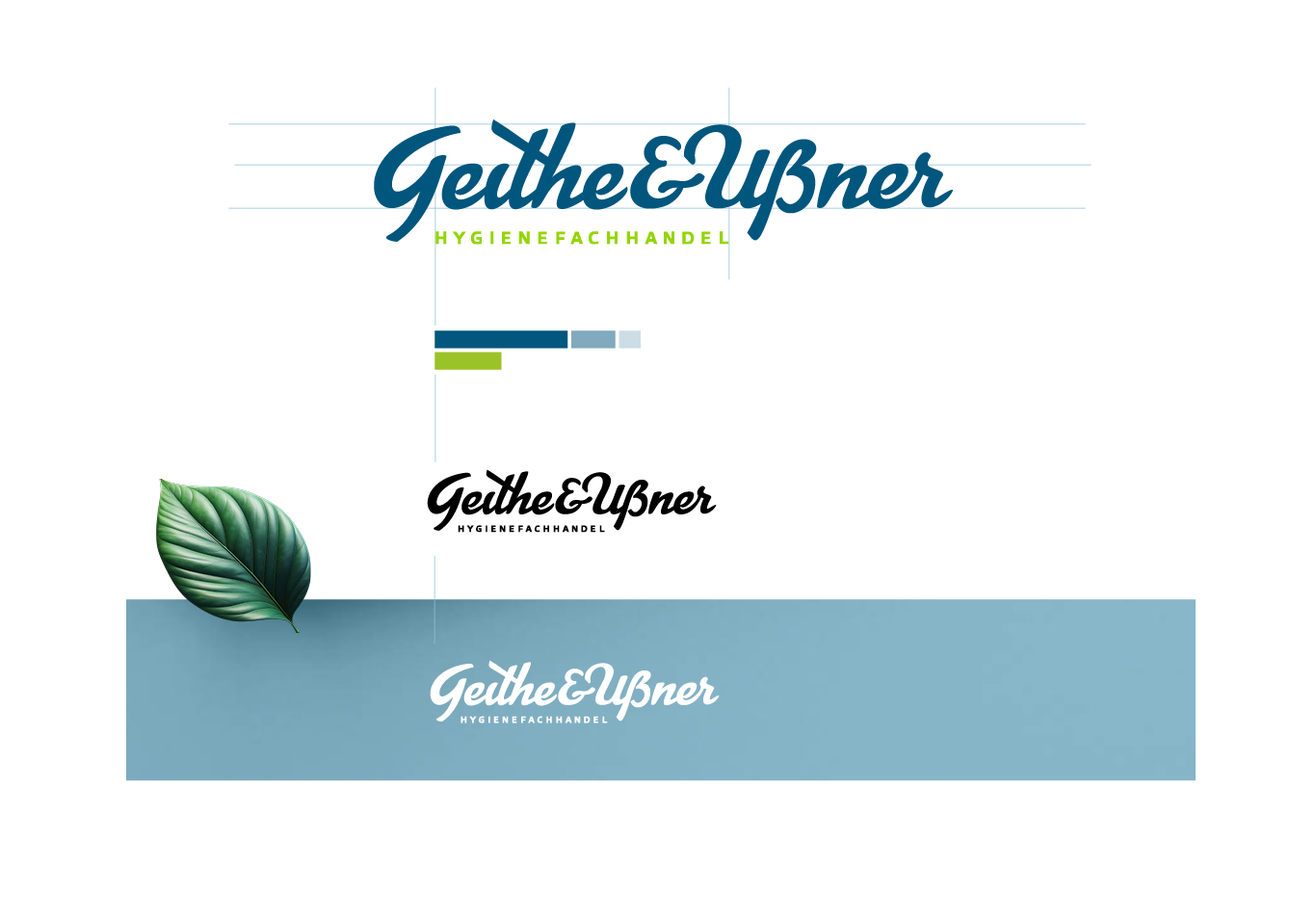Stilisierte Logos von Geithe & Upßner in Blau, Schwarz und Weiß auf weißem und blauem Hintergrund, mit einer grünen Blattgrafik und einem horizontalen Farbbalken unter dem Hauptlogo. Lucas Bikes und HYGIENE FACHHANDEL erscheinen in kleiner grüner Schrift.