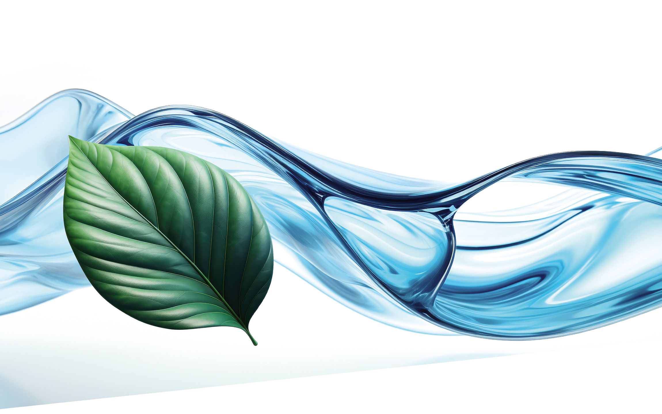 Ein leuchtend grünes Blatt im Vordergrund mit einer fließenden, durchscheinenden blauen Welle im Hintergrund auf einer weißen Fläche, die Frische, Natur und Fließfähigkeit symbolisiert.