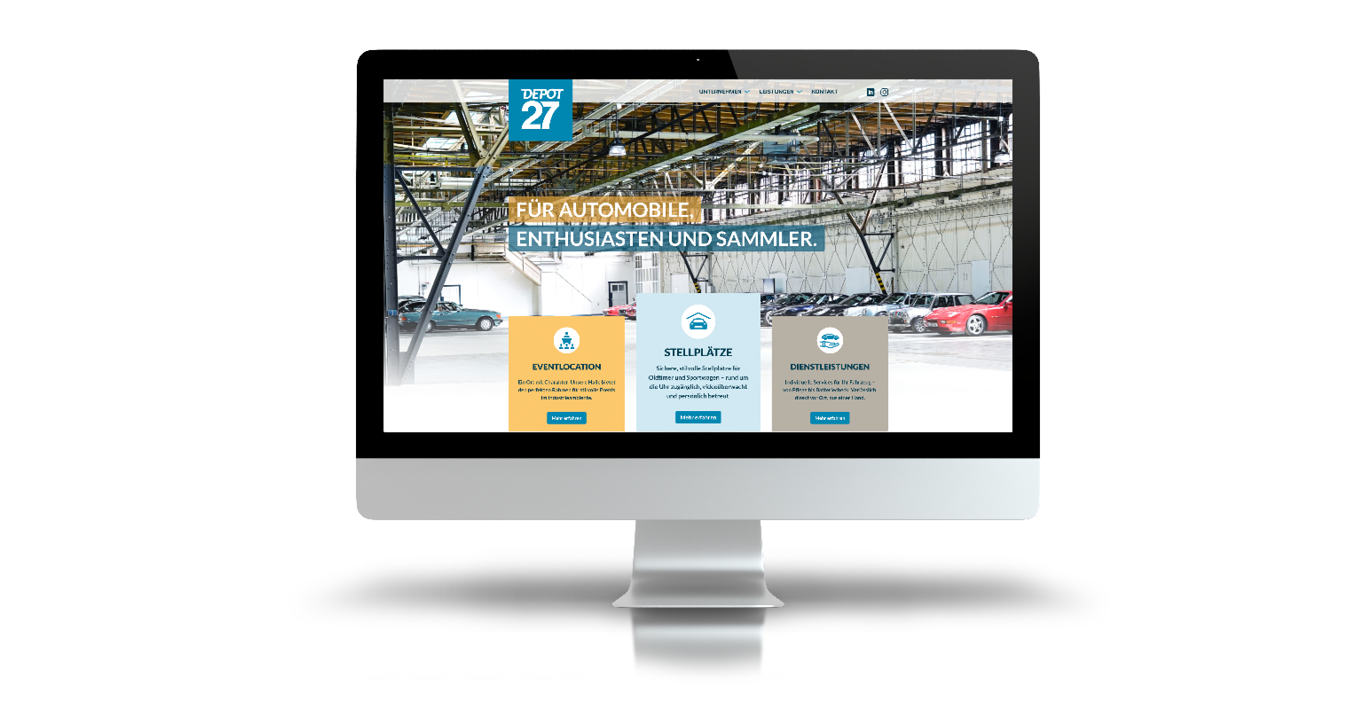 Auf einem Computermonitor wird eine deutschsprachige Website für Depot 27 angezeigt, auf der ein großes Bild eines Autohauses mit geparkten Autos zu sehen ist. Die Website bietet Rubriken für Mietflächen, Stellplätze und Fahrzeugdienstleistungen.